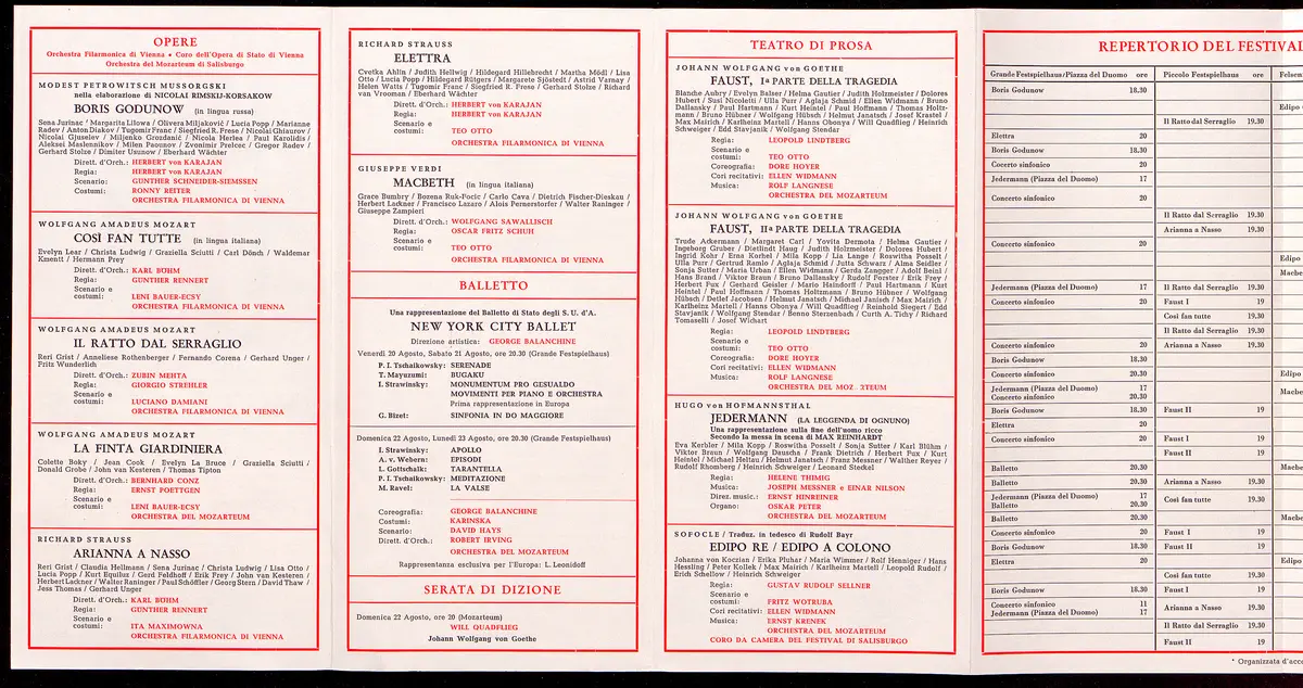 Salzburger Festspiele 1965, Titel in Vorlageform: Salzburgo Festival musicale 1965, Verweis auf Stücktitel: Boris Godunow, Verweis auf Stücktitel: Cosi fan tutte, Verweis auf Stücktitel: Die Entführung aus dem Serail, Verweis auf Stücktitel: Die Gärtnerin aus Liebe, Verweis auf Stücktitel: Ariadne auf Naxos, Verweis auf Stücktitel: Elektra, Verweis auf Stücktitel: Macbeth, Verweis auf Stücktitel: Jedermann, Verweis auf Stücktitel: Faust, Verweis auf Stücktitel: König Ödipus / Ödipus auf Kolonos