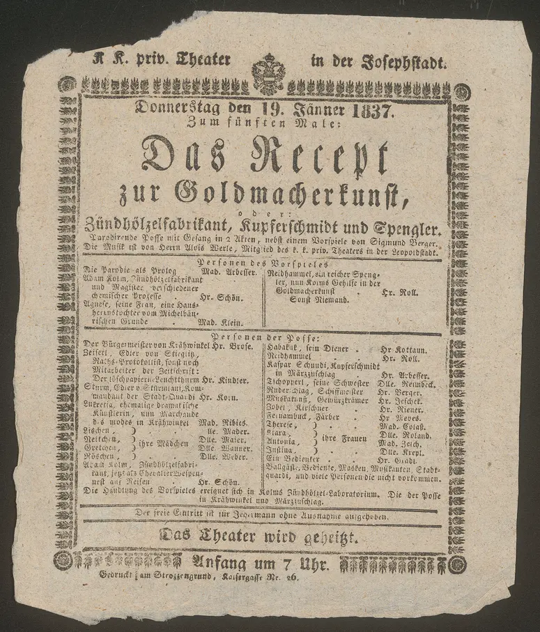 Das Recept zur Goldmacherkunst oder Zündholzfabrikant, Kupferschmidt und Spengler, Das Rezept zur Goldmacherkunst