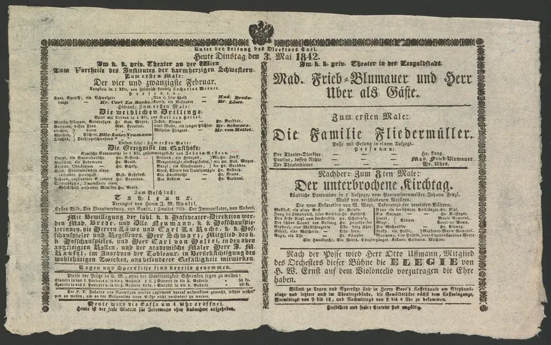 Der vier und zwanzigste Februar, Der vierundzwanzigste Februar, Die weiblichen Drillinge, Die Ereignisse im Gasthofe, Die Familie Fliedermüller, Der unterbrochene Kirchtag
