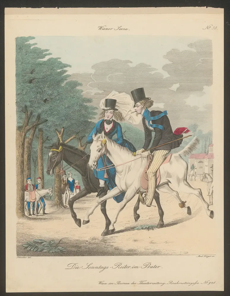 Die Sonntags-Reiter im Prater., Titel der Serie: Wiener Scene, Name der Zeitschrift: Wiener Theaterzeitung