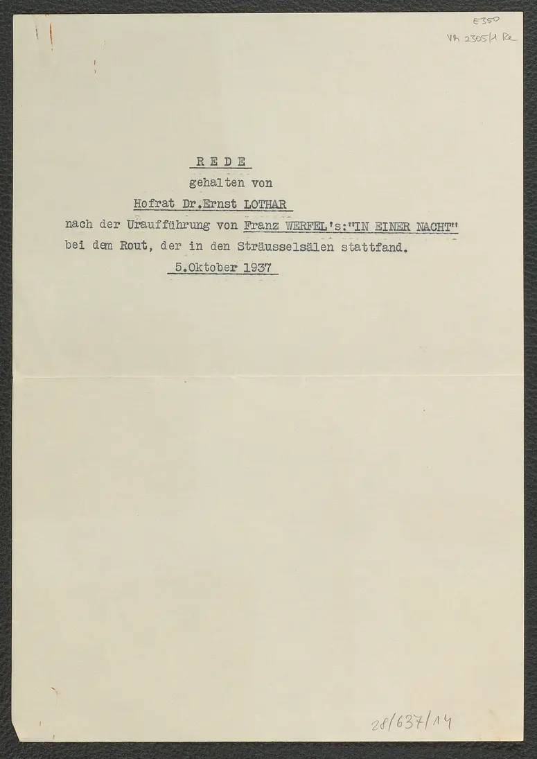 Rede, gehalten nach der Uraufführung von Franz Werfel's 