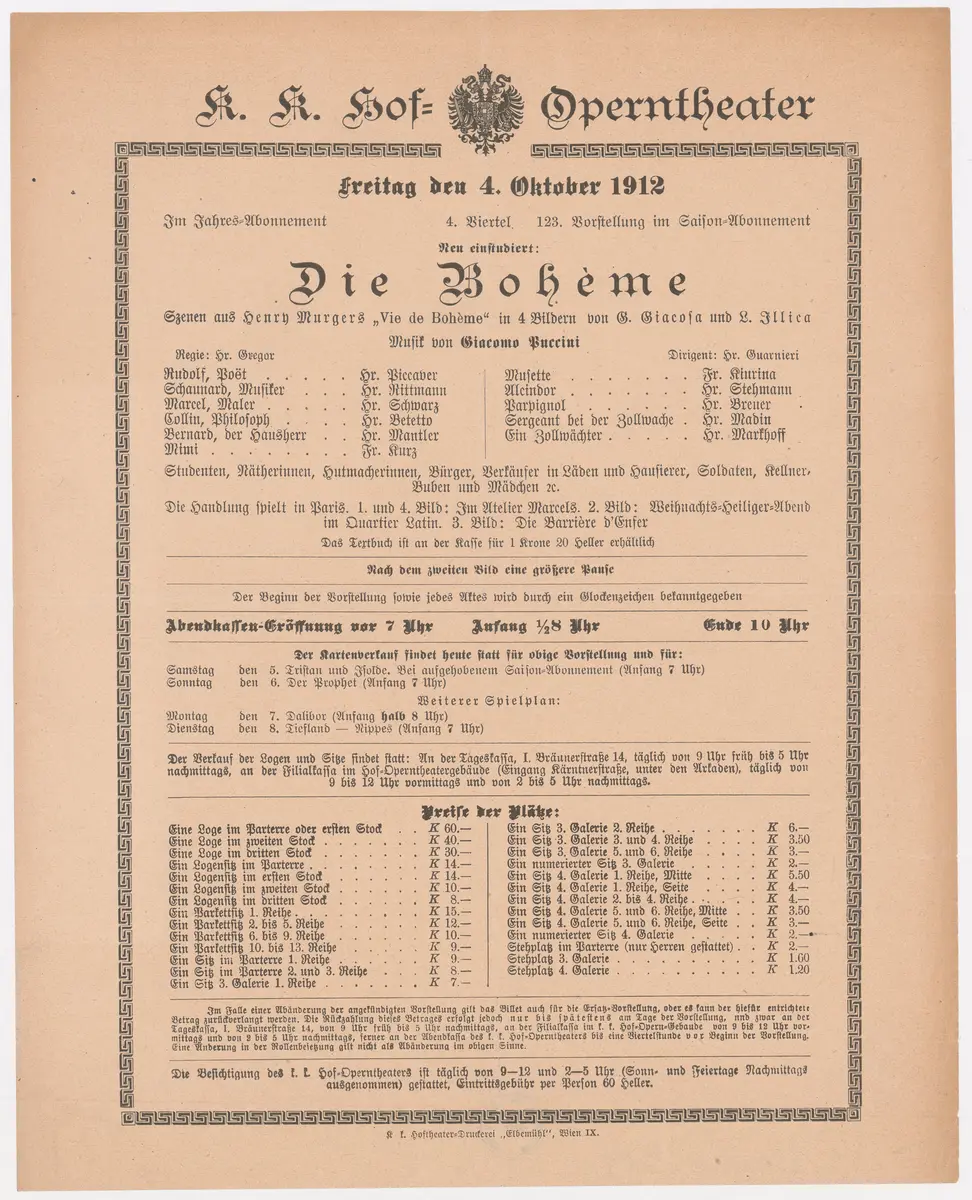 La Bohème, Titel in Vorlageform: Die Bohême, Suchtitel: La Boheme