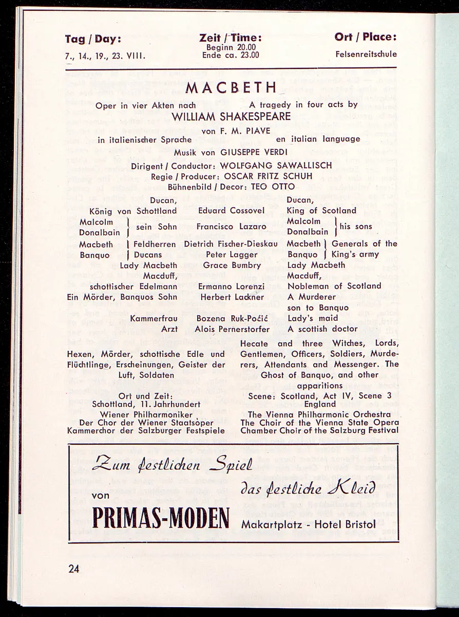 Salzburger Festspiele 1964, Titel in Vorlageform: Salzburgo Festival 1964, Verweis auf Stücktitel: Cosi fan tutte, Verweis auf Stücktitel: Figaros Hochzeit, Verweis auf Stücktitel: Lucio Silla, Verweis auf Stücktitel: Die Zauberflöte, Verweis auf Stücktitel: Ariadne auf Naxos, Verweis auf Stücktitel: Elektra, Verweis auf Stücktitel: Der Rosenkavalier, Verweis auf Stücktitel: Macbeth, Verweis auf Stücktitel: Jedermann, Verweis auf Stücktitel: Faust, Verweis auf Stücktitel: Die lustigen Weiber von Windsor