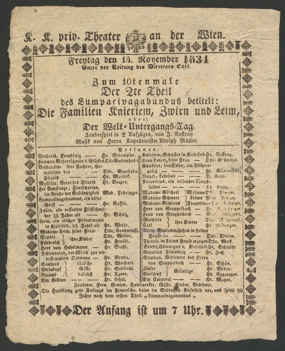 Die Familien Knieriem, Zwirn und Leim, oder Der Welt-Untergangs-Tag, Alternativtitel: Der Zweite Teil des Lumpazivagabundus betitelt: Die Familien Knieriem, Zwirn und Leim oder, Der Weltuntergangstag