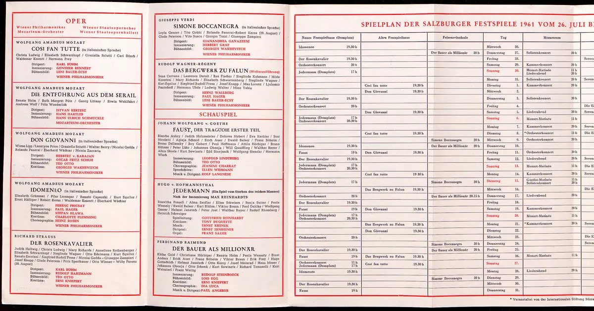Salzburger Festspiele 1961, Verweis auf Stücktitel: Cosi fan tutte, Verweis auf Stücktitel: Die Entführung aus dem Serail, Verweis auf Stücktitel: Don Giovanni, Verweis auf Stücktitel: Idomeneo, Verweis auf Stücktitel: Der Rosenkavalier, Simon Boccanegra, Verweis auf Stücktitel: Das Bergwerk zu Falun, Verweis auf Stücktitel: Jedermann, Verweis auf Stücktitel: Faust, Verweis auf Stücktitel: Der Bauer als Millionär