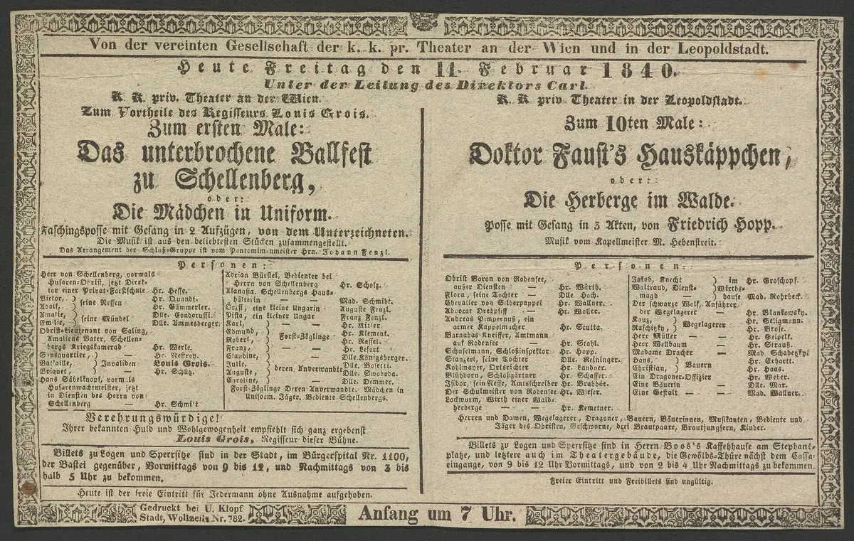 Das unterbrochene Ballfest zu Schellenberg, oder Die Mädchen in Uniform, Doktor Faust's Hauskäppchen, oder Die Herberge im Walde