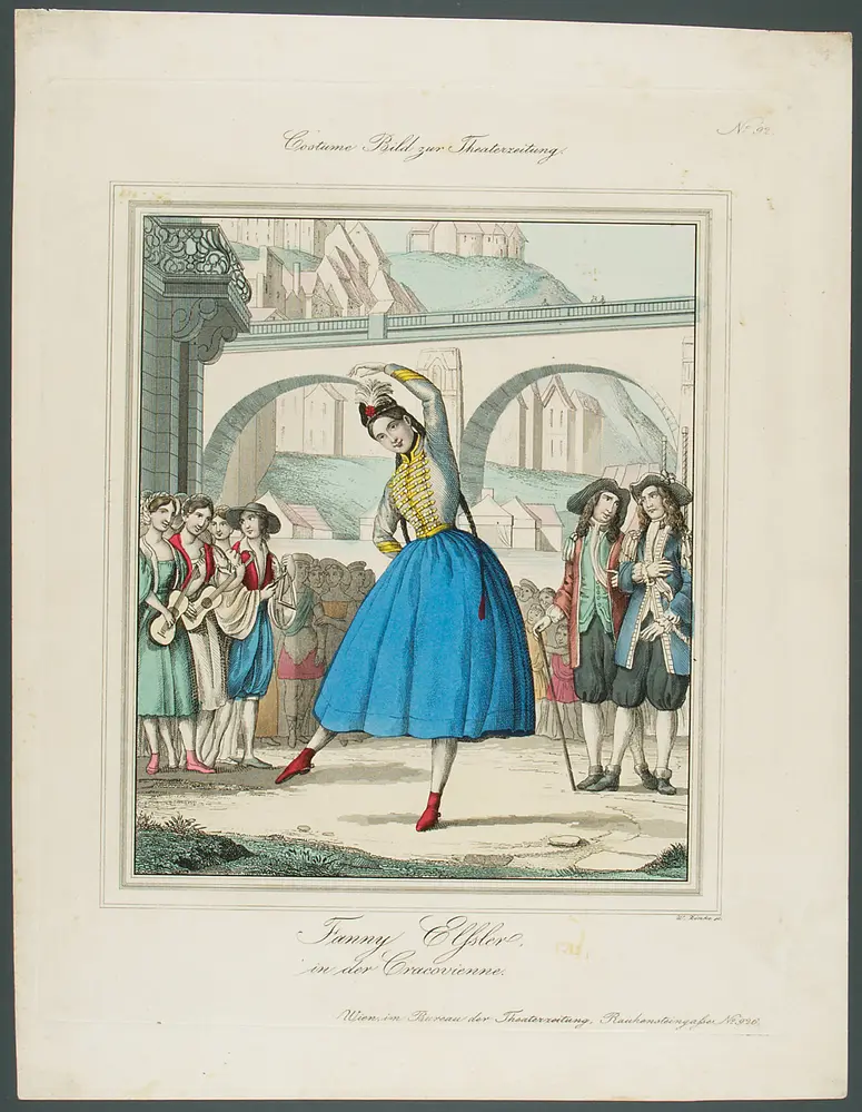 Fanny Elßler, Titel in Vorlageform: Fanny Elssler in der Cracovienne, Titel der Serie: Costume-Bild, Name der Zeitschrift: Wiener Theaterzeitung, Verweis auf Stücktitel: Die Zigeunerin (La Gipsy)
