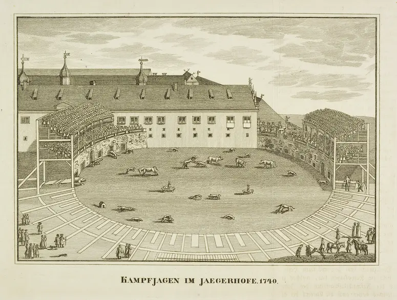 Dresden (allgemein), Jägerhof, Titel in Vorlageform: Kampfjagen im Jaegerhofe. 1740., Titel der Serie: Abbildungen von Dresdens alten und neuen Pracht-Gebäuden, Volks- und Hof-Festen