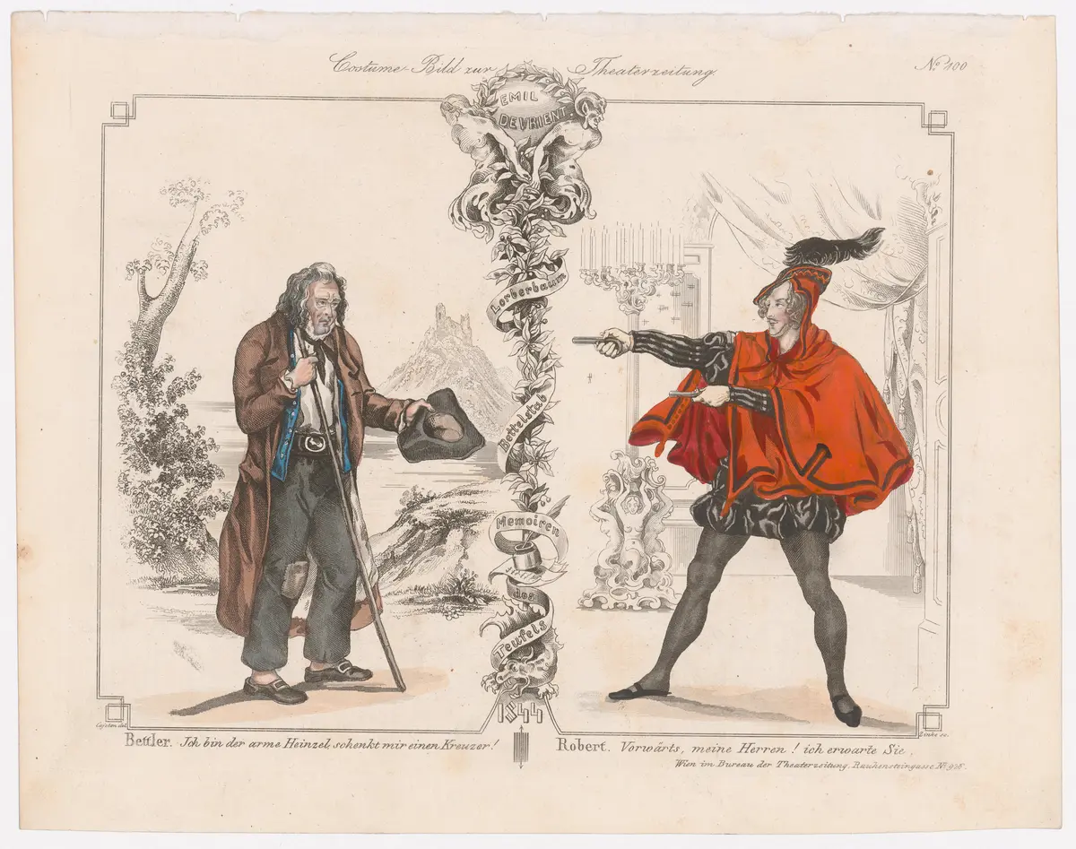 Emil Devrient, Titel der Serie: Costume-Bild, Name der Zeitschrift: Wiener Theaterzeitung, Verweis auf Stücktitel: Lorbeerbaum und Bettelstab, Verweis auf Stücktitel: Memorien des Teufels