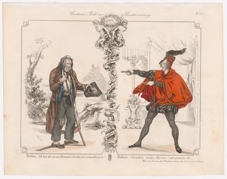 Emil Devrient, Titel der Serie: Costume-Bild, Name der Zeitschrift: Wiener Theaterzeitung, Verweis auf Stücktitel: Lorbeerbaum und Bettelstab, Verweis auf Stücktitel: Memorien des Teufels