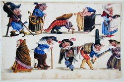 Zehn Grotesken, Titel der Serie: Nani e Maschere ridicole, Drei Blätter mit jeweils zehn Grotesken