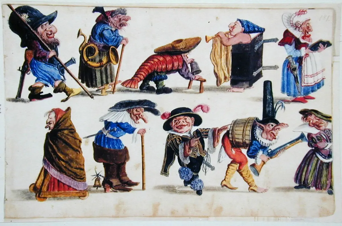 Zehn Grotesken, Titel der Serie: Nani e Maschere ridicole, Drei Blätter mit jeweils zehn Grotesken