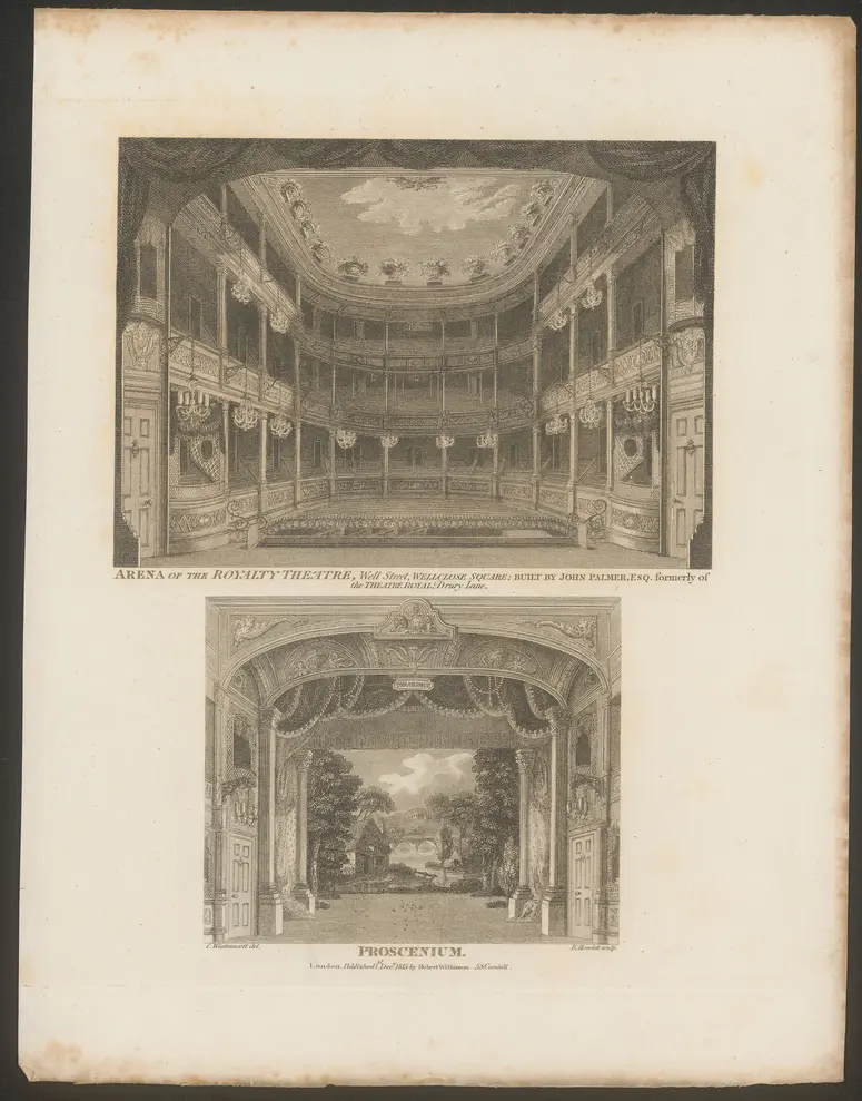 London, Royalty Theatre, Wellclose Square, Titel in Vorlageform: Arena of the Royalty Theatre, Well Street, Wellclose Square; Built by John Palmerm ESQ. formerly of the Theatre Royal, Drury Lane. / Proscenium., Titel der Serie: Londina Illustrata