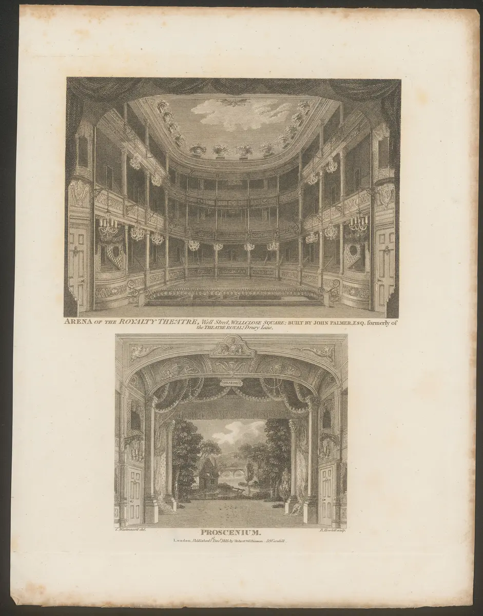 London, Royalty Theatre, Wellclose Square, Titel in Vorlageform: Arena of the Royalty Theatre, Well Street, Wellclose Square; Built by John Palmerm ESQ. formerly of the Theatre Royal, Drury Lane. / Proscenium., Titel der Serie: Londina Illustrata