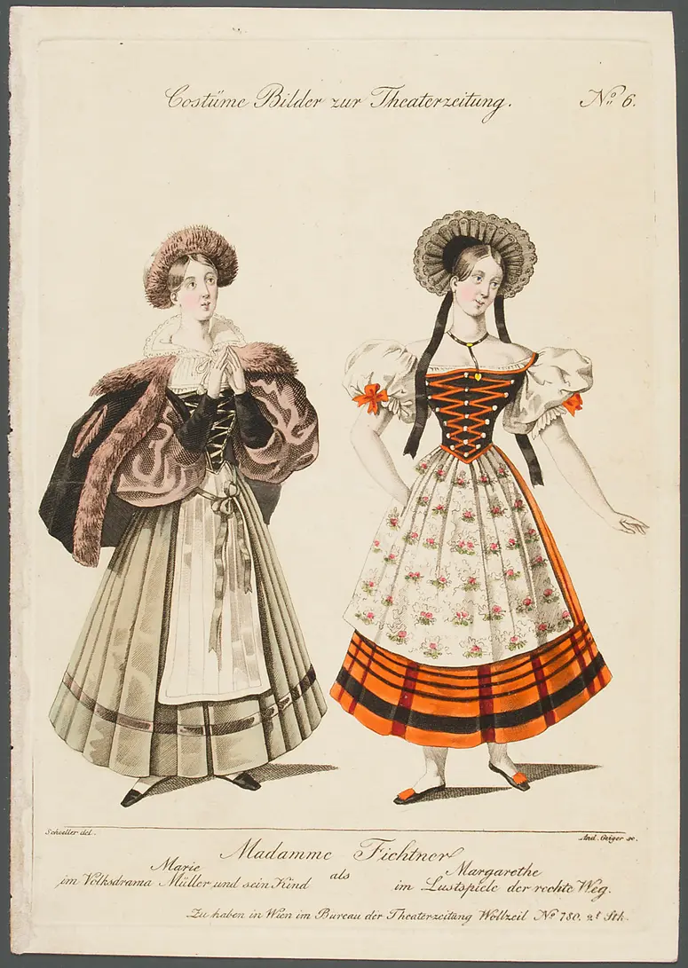 Elisabeth Fichtner, Titel in Vorlageform: Madame Fichtner als Marie im Volksdrama Müller und sein Kind - Margarethe im Lustpiel der rechte Weg, Titel der Serie: Costume-Bild, Name der Zeitschrift: Wiener Theaterzeitung, Verweis auf Stücktitel: Der rechte Weg, Verweis auf Stücktitel: Der Müller und sein Kind