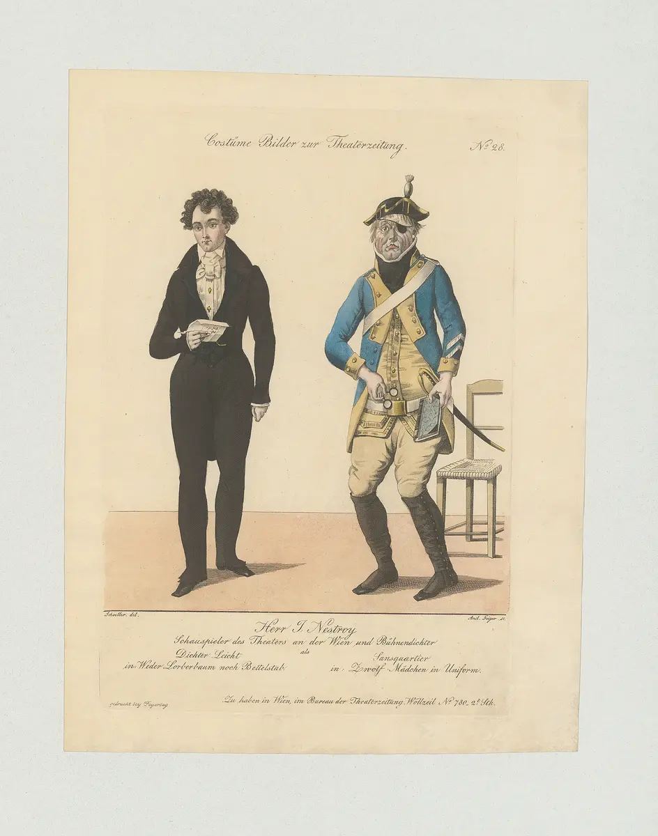 Johann Nestroy, Titel der Serie: Costume-Bild, Name der Zeitschrift: Wiener Theaterzeitung, Verweis auf Stücktitel: Weder Lorbeerbaum noch Bettelstab, Verweis auf Stücktitel: Zwölf Mädchen in Uniform
