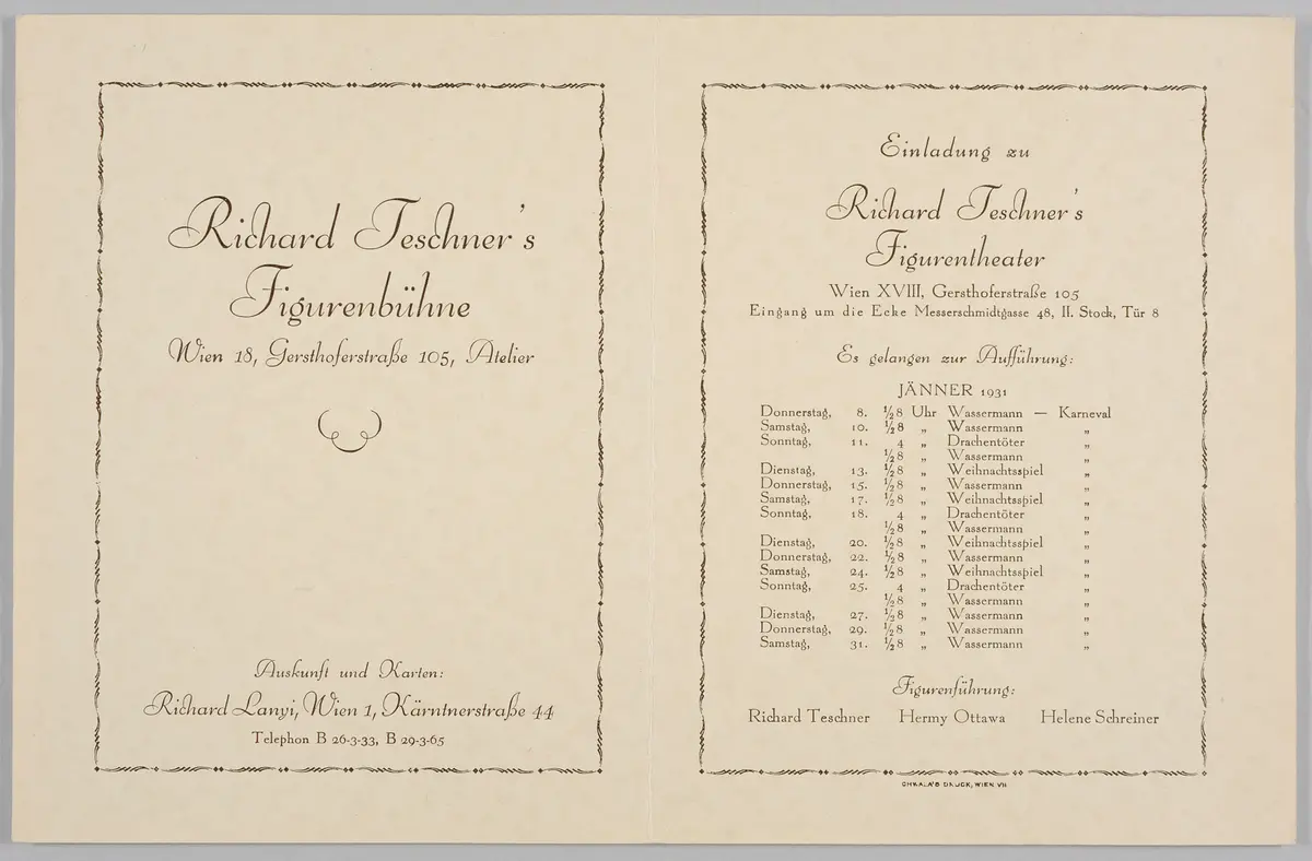 Richard Teschners Figurentheater, Titel in Vorlageform: Richard Teschners Figurenbühne, Verweis auf Stücktitel: Prinzessin und Wassermann, Verweis auf Stücktitel: Der Drachentöter, Verweis auf Stücktitel: Karneval / Traum im Karneval, Verweis auf Stücktitel: Weihnachtsspiel