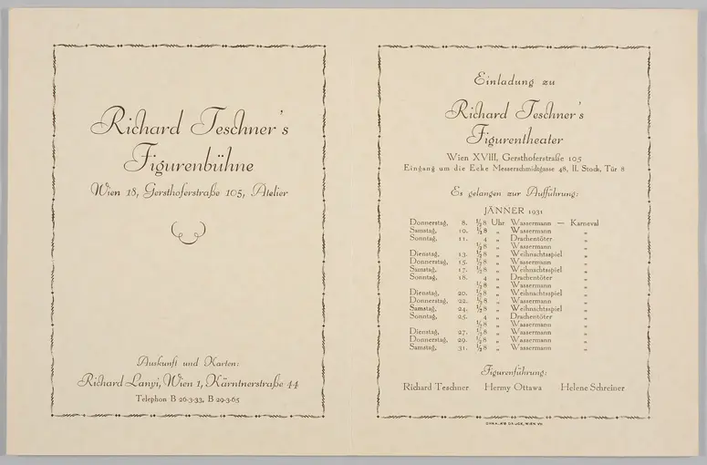 Richard Teschners Figurentheater, Titel in Vorlageform: Richard Teschners Figurenbühne, Verweis auf Stücktitel: Prinzessin und Wassermann, Verweis auf Stücktitel: Der Drachentöter, Verweis auf Stücktitel: Karneval / Traum im Karneval, Verweis auf Stücktitel: Weihnachtsspiel