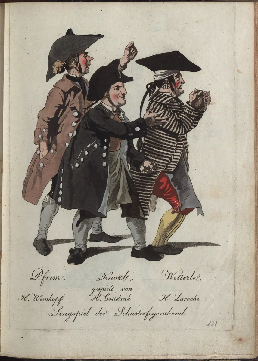Schusterfeierabend, Titel in Vorlageform: Schusterfeyerabend, Titel der Serie: Auswahl schöner Costumes für Theater- und Ball-Anzüge