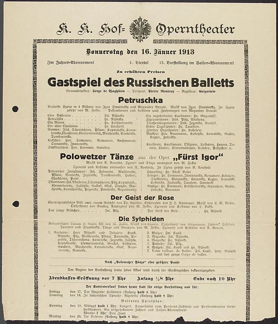 Russisches Ballett, Alternativtitel: Ballets Russes, Verweis auf Stücktitel: Petruschka, Verweis auf Stücktitel: Polowetzer Tänze aus 