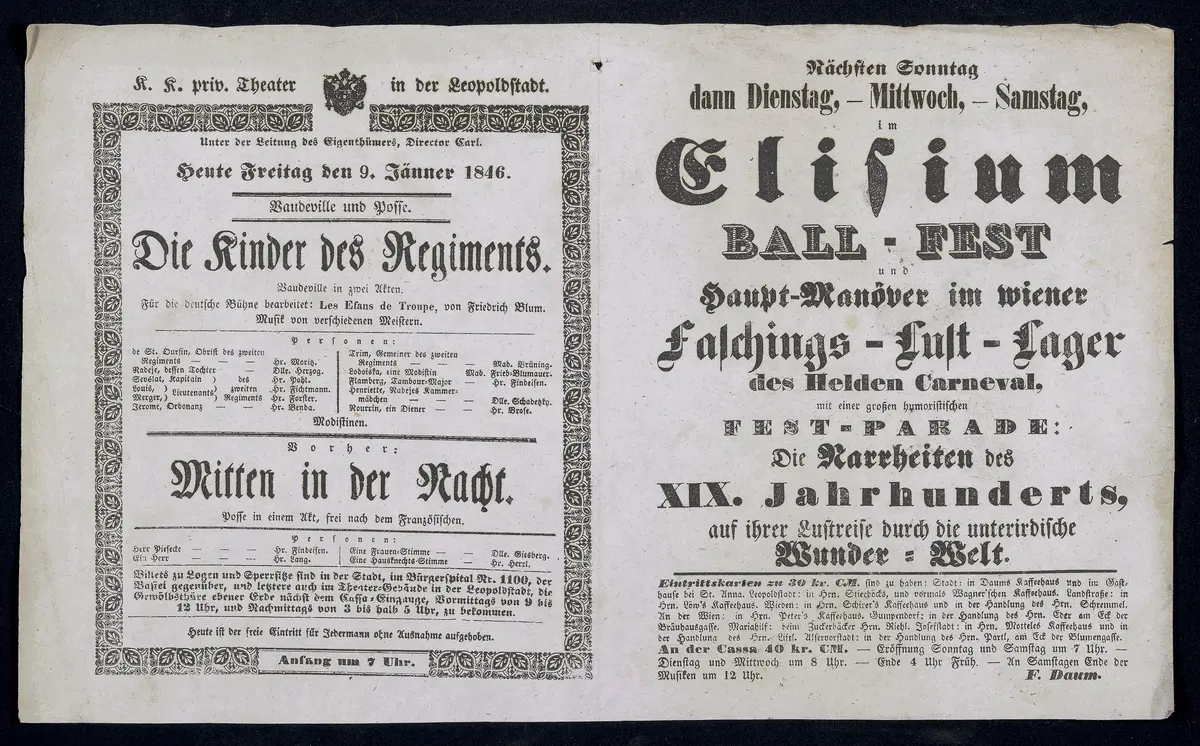 Die Kinder des Regiments, Mitten in der Nacht, Elisium / BALL-FEST und Haupt-Manöver im wiener Faschings-Lust-Lager des Helden Carneval, [...]