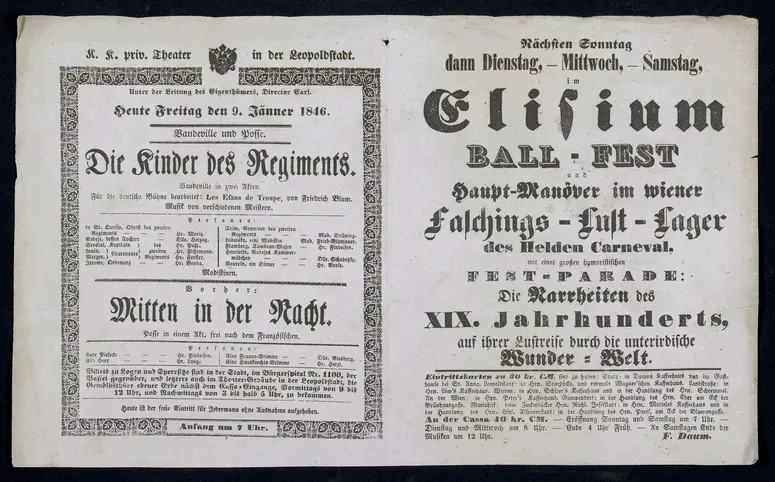 Die Kinder des Regiments, Mitten in der Nacht, Elisium / BALL-FEST und Haupt-Manöver im wiener Faschings-Lust-Lager des Helden Carneval, [...]
