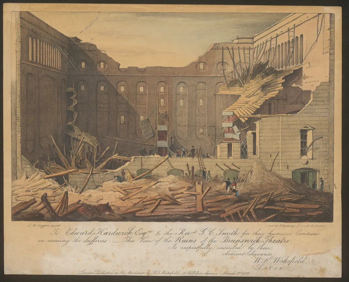 London, Brunswick Theatre, Titel in Vorlageform: View of the Ruins of the Brunswick Theatre