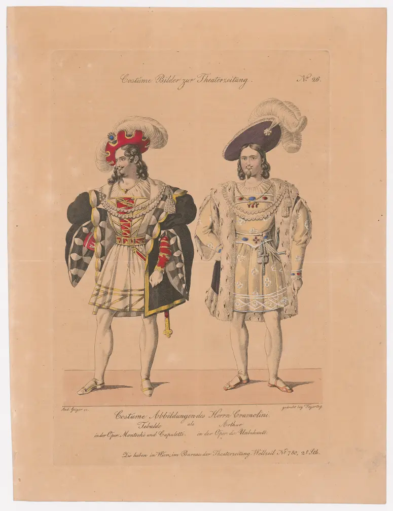 Ludwig Josef Cramolini, Titel der Serie: Costume-Bild, Name der Zeitschrift: Wiener Theaterzeitung, Verweis auf Stücktitel: Montecchi und Capuletti, Verweis auf Stücktitel: Die Unbekannte