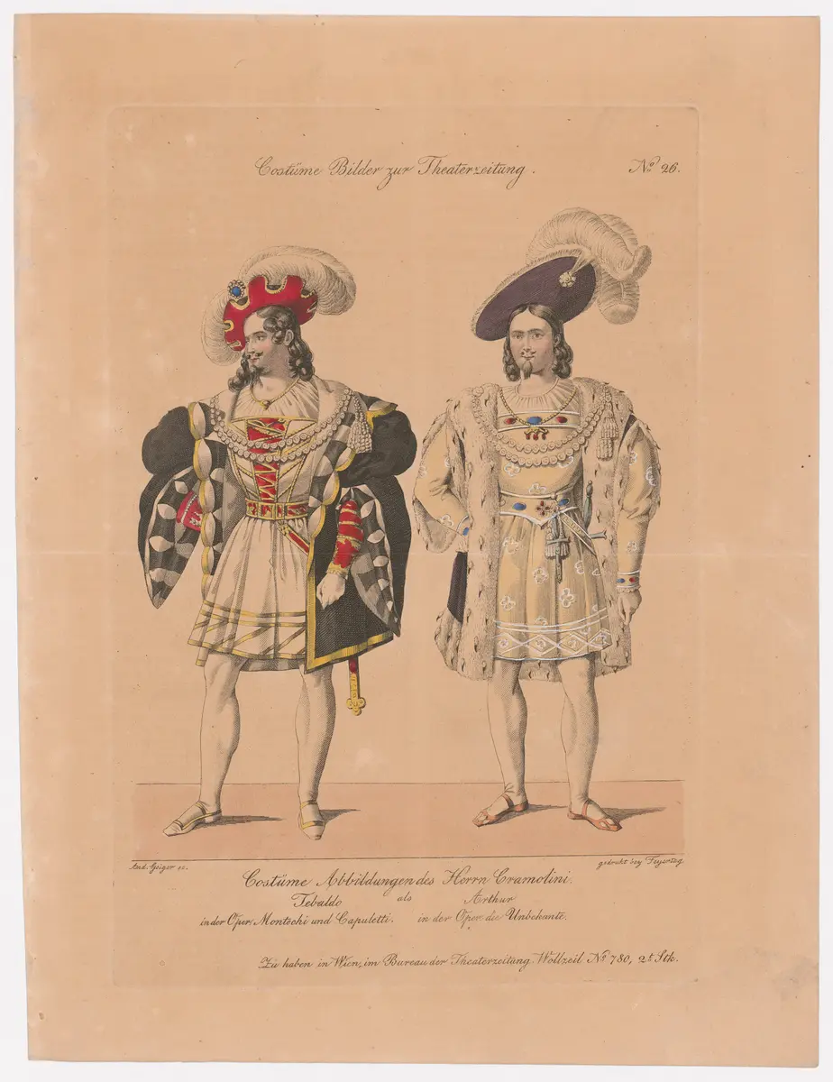 Ludwig Josef Cramolini, Titel der Serie: Costume-Bild, Name der Zeitschrift: Wiener Theaterzeitung, Verweis auf Stücktitel: Montecchi und Capuletti, Verweis auf Stücktitel: Die Unbekannte