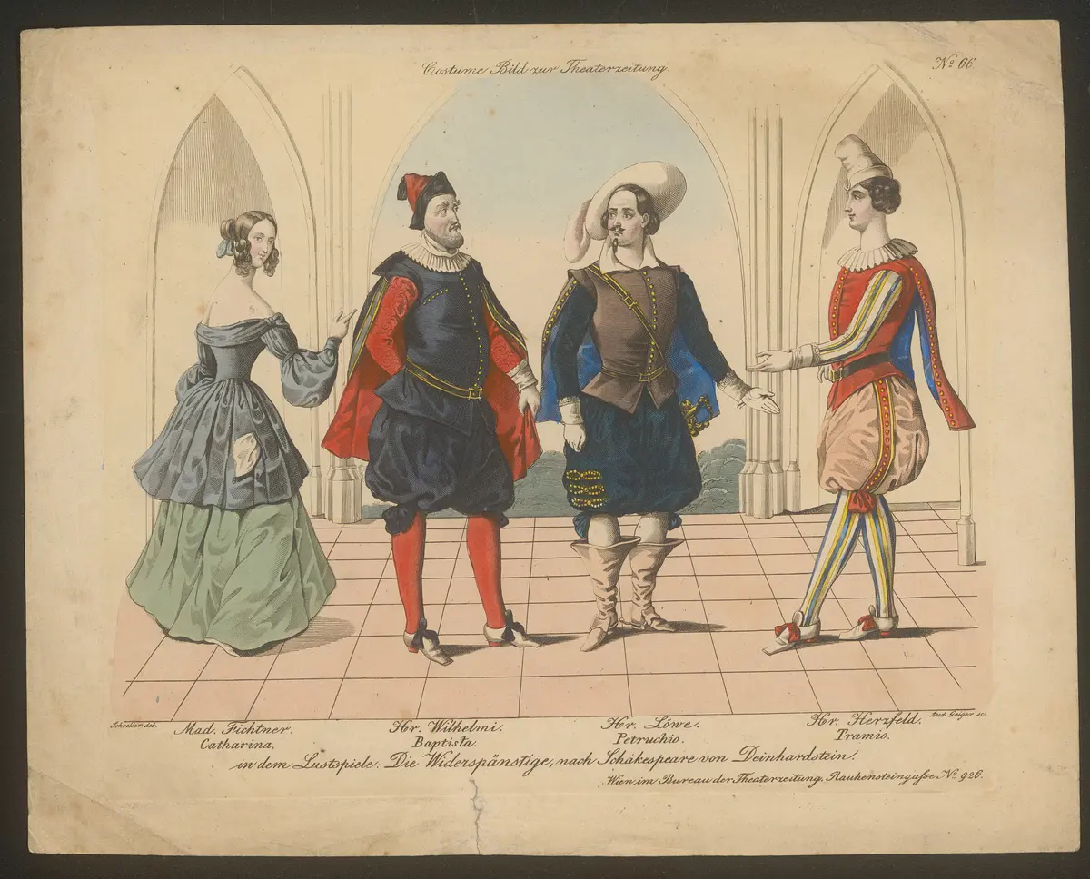 Die Widerspänstige, Alternativtitel: Die Widerspenstige, Alternativtitel: Der Widerspenstigen Zähmung (The Taming of the Shrew), Titel der Serie: Costume-Bild, Name der Zeitschrift: Wiener Theaterzeitung
