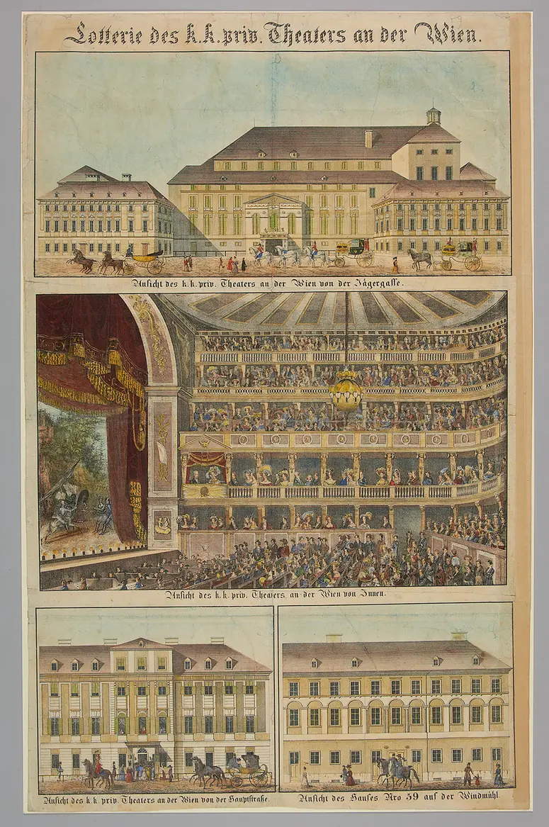 Wien, Theater an der Wien, Titel in Vorlageform: Lotterie des k.k. Theaters an der Wien, Titel in Vorlageform: Ansicht des k.k. privat. Theaters an der Wien von der Jägergasse, Titel in Vorlageform: Ansicht des k.k. privat. Theaters an der Wien von Innen, Titel in Vorlageform: Ansicht des k.k. privat. Theaters an der Wien von der Hauptstraße, Titel in Vorlageform: Ansicht des Hauses Nro 59 auf der Windmühl