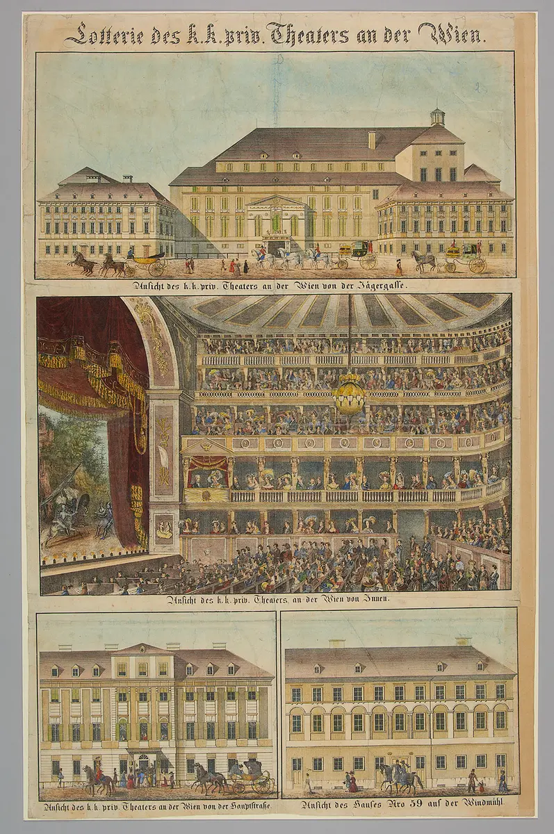 Wien, Theater an der Wien, Titel in Vorlageform: Lotterie des k.k. Theaters an der Wien, Titel in Vorlageform: Ansicht des k.k. privat. Theaters an der Wien von der Jägergasse, Titel in Vorlageform: Ansicht des k.k. privat. Theaters an der Wien von Innen, Titel in Vorlageform: Ansicht des k.k. privat. Theaters an der Wien von der Hauptstraße, Titel in Vorlageform: Ansicht des Hauses Nro 59 auf der Windmühl