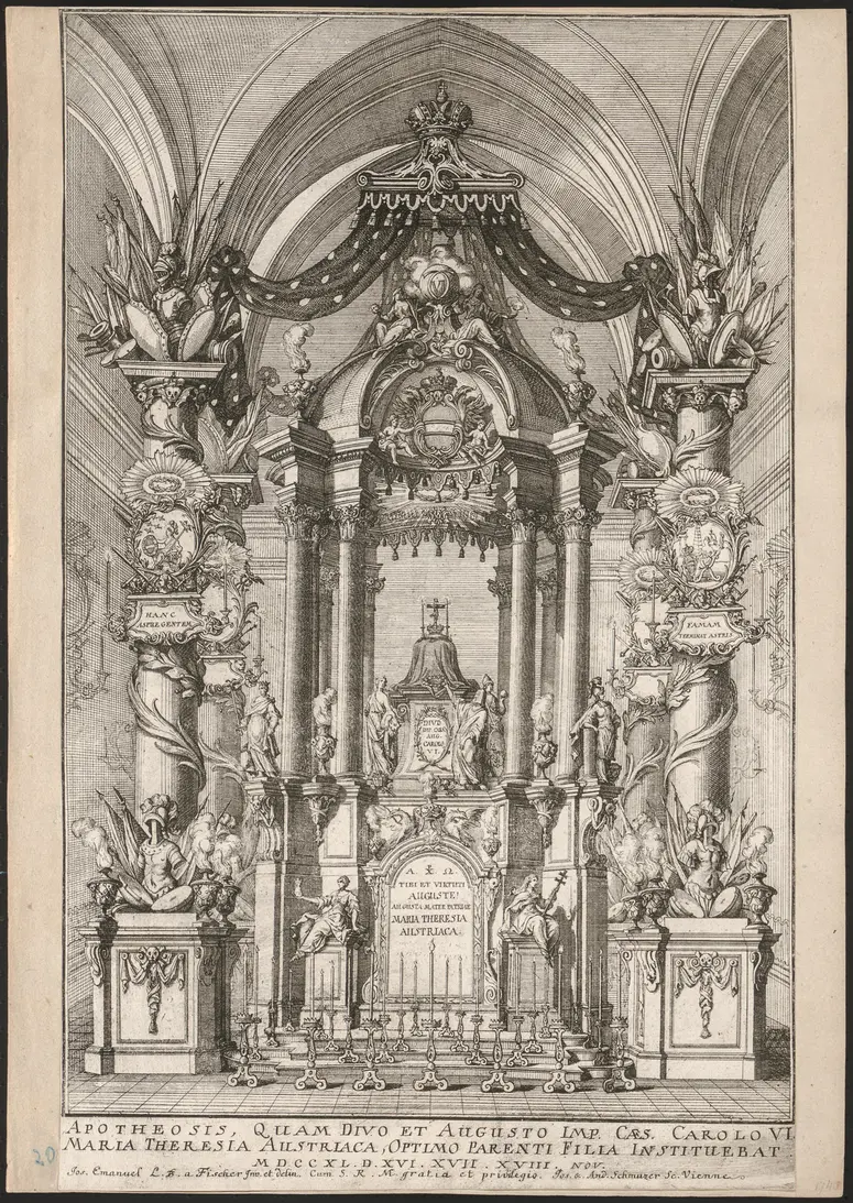 Trauergerüst für Kaiser Karl VI., Titel in Vorlageform: Apotheosis, Quam Divo et Augusto Imp. Caes. Carolo VI. / Maria Theresia Austriaca, Optimo Parenti Filia Instituebat MDCCXL. D. XVI. XVII. XVIII. Nov.