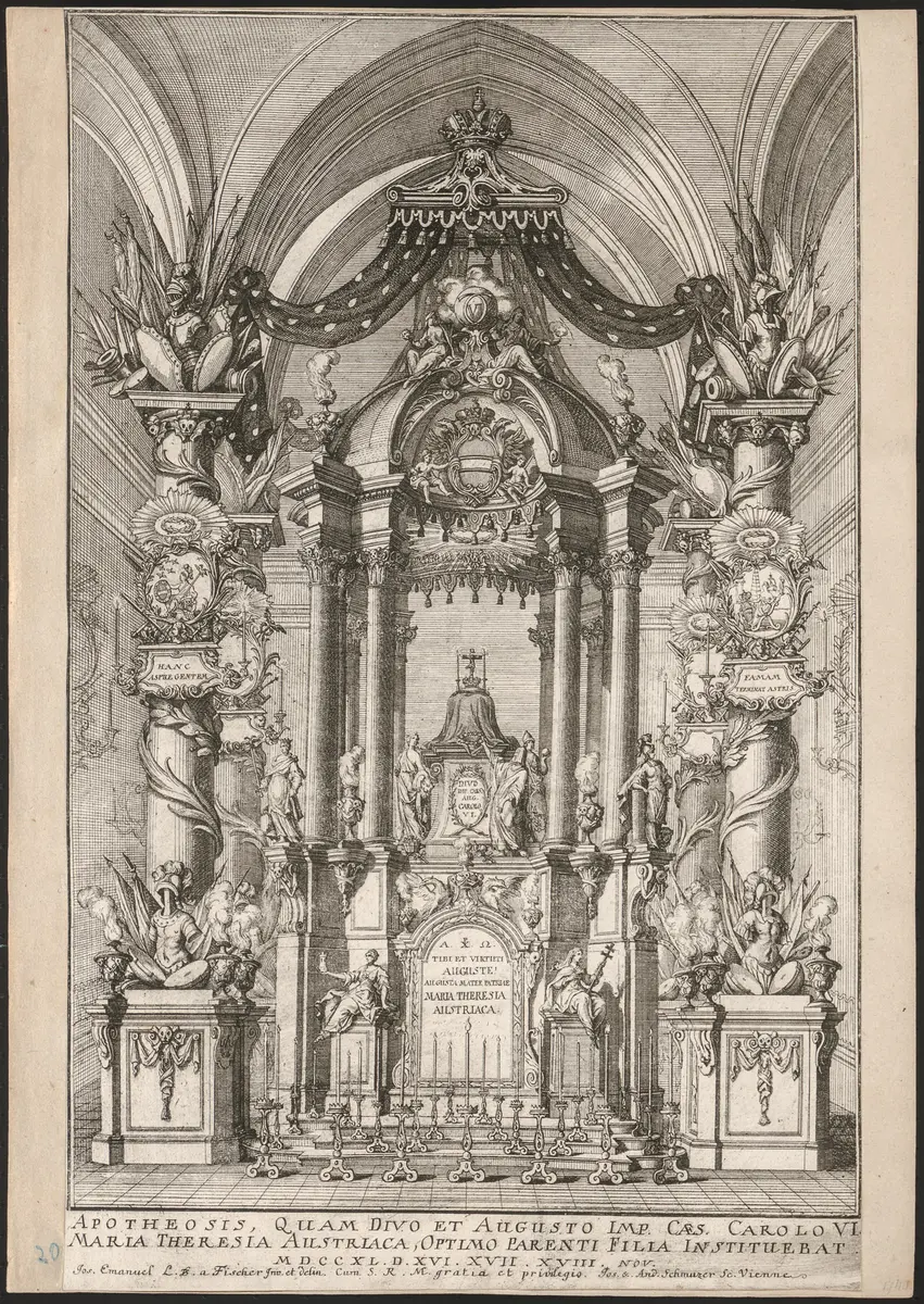 Trauergerüst für Kaiser Karl VI., Titel in Vorlageform: Apotheosis, Quam Divo et Augusto Imp. Caes. Carolo VI. / Maria Theresia Austriaca, Optimo Parenti Filia Instituebat MDCCXL. D. XVI. XVII. XVIII. Nov.