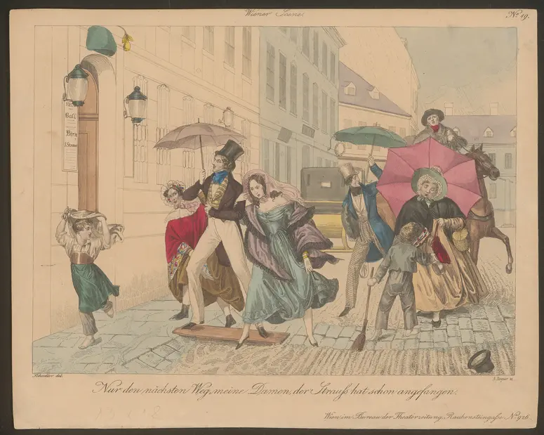 Nur den nächsten Weg, meine Damen, der Strauß hat schon angefangen., Titel der Serie: Wiener Scene, Name der Zeitschrift: Wiener Theaterzeitung