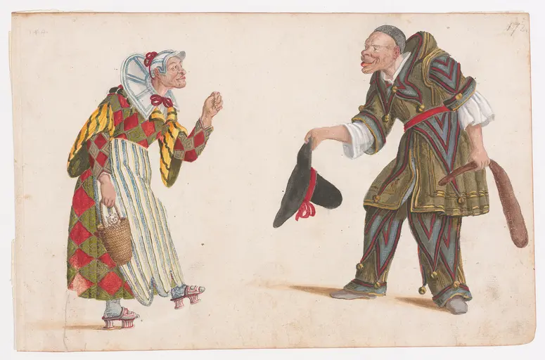 Alte Arlecchina mit Katzenwelpen und Narr, Buffoni e Matti