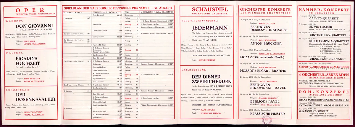 Salzburger Festspiele 1946, Verweis auf Stücktitel: Don Giovanni, Verweis auf Stücktitel: Figaros Hochzeit, Verweis auf Stücktitel: Der Rosenkavalier, Verweis auf Stücktitel: Jedermann, Verweis auf Stücktitel: Der Diener zweier Herren