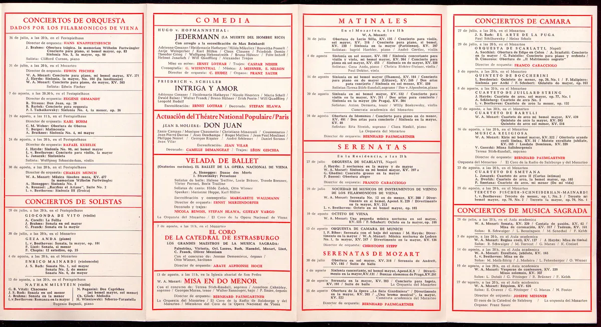 Salzburger Festspiele 1955, Titel in Vorlageform: Salzburgo Festivales de 1955, Verweis auf Stücktitel: Irische Legende, Verweis auf Stücktitel: Zauberflöte, Verweis auf Stücktitel: Entführung aus dem Serail, Verweis auf Stücktitel: Palestrina, Verweis auf Stücktitel: Ariadne auf Naxos, Verweis auf Stücktitel: Jedermann, Verweis auf Stücktitel: Kabale und Liebe