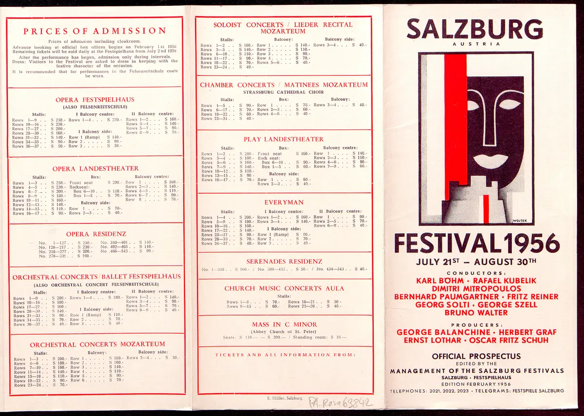Salzburger Festspiele 1956, Titel in Vorlageform: Salzburg Festival 1956, Verweis auf Stücktitel: Cosi fan tutte, Verweis auf Stücktitel: Don Giovanni, Verweis auf Stücktitel: Entführung aus dem Serail, Figaros Hochzeit, Verweis auf Stücktitel: Idomeneo, Verweis auf Stücktitel: Zauberflöte, Verweis auf Stücktitel: Jedermann, Verweis auf Stücktitel: Egmont