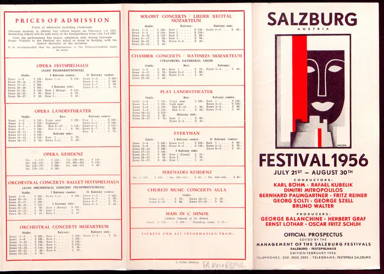 Salzburger Festspiele 1956, Titel in Vorlageform: Salzburg Festival 1956, Verweis auf Stücktitel: Cosi fan tutte, Verweis auf Stücktitel: Don Giovanni, Verweis auf Stücktitel: Entführung aus dem Serail, Figaros Hochzeit, Verweis auf Stücktitel: Idomeneo, Verweis auf Stücktitel: Zauberflöte, Verweis auf Stücktitel: Jedermann, Verweis auf Stücktitel: Egmont
