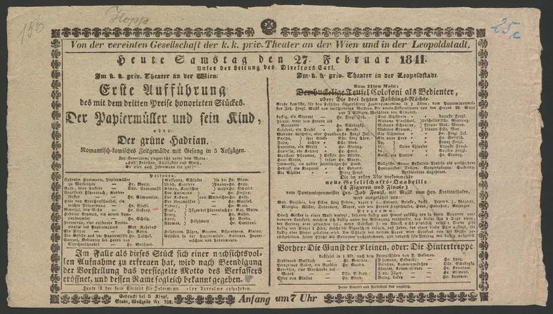 Der Papiermüller und sein Kind, oder Der grüne Hadrian, Der buckelige Teufel Colofoni als Bedienter, oder Die drei letzten Faschings-Nächte, Die Gunst der Kleinen, oder Die Hintertreppe