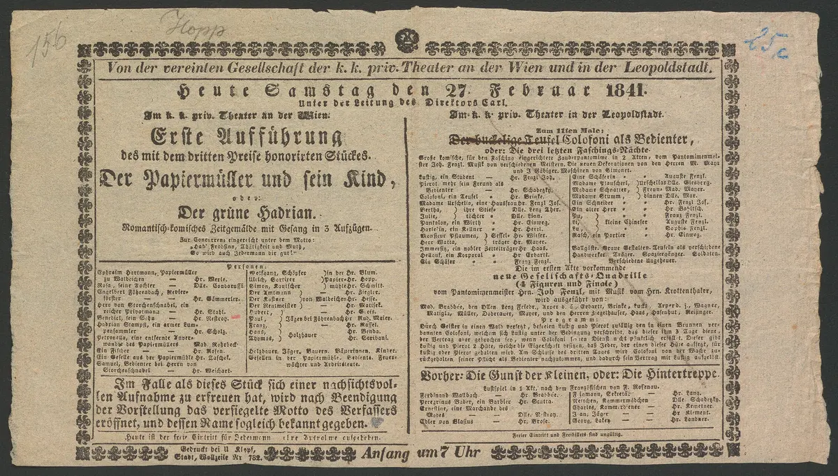 Der Papiermüller und sein Kind, oder Der grüne Hadrian, Der buckelige Teufel Colofoni als Bedienter, oder Die drei letzten Faschings-Nächte, Die Gunst der Kleinen, oder Die Hintertreppe