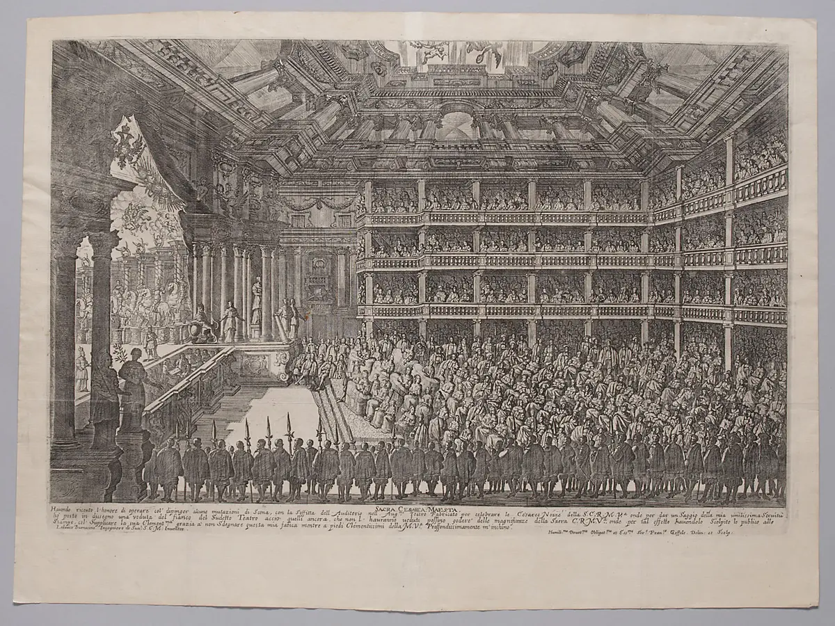 Il Pomo d'Oro, Titel in Vorlageform: Il Pomo d'Oro. Festa Teatrale Rappresenta in Vienna per l'augustissime Nozze delle Sacre Cesaree Reali Maesta di Leopoldo e Margherita., Alternativtitel: Der guldene Apfel, Alternativtitel: Wien, Theater auf der Cortina, Alternativtitel: Wien, Hoftheater von Burnacini, Alternativtitel: Wien, Theater auf der Kurtine
