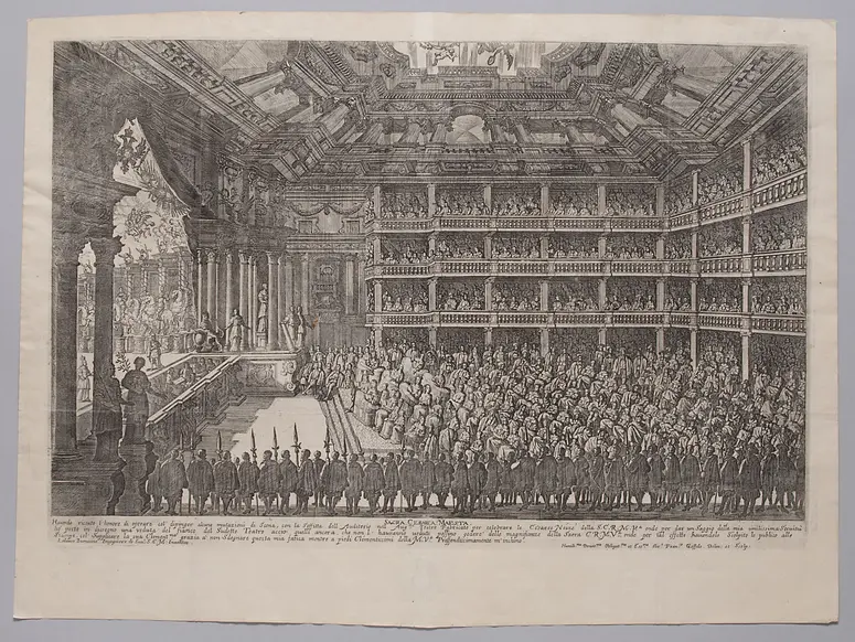 Il Pomo d'Oro, Titel in Vorlageform: Il Pomo d'Oro. Festa Teatrale Rappresenta in Vienna per l'augustissime Nozze delle Sacre Cesaree Reali Maesta di Leopoldo e Margherita., Alternativtitel: Der guldene Apfel, Alternativtitel: Wien, Theater auf der Cortina, Alternativtitel: Wien, Hoftheater von Burnacini, Alternativtitel: Wien, Theater auf der Kurtine