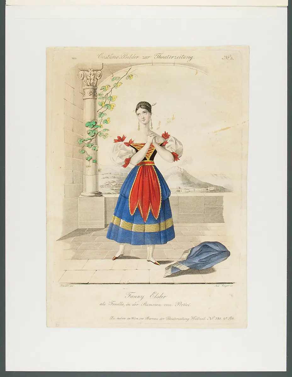 Fanny Elßler, Titel in Vorlageform: Fanny Elssler als Fenella, in der Stummen von Portici, Titel der Serie: Costume-Bild, Name der Zeitschrift: Wiener Theaterzeitung, Verweis auf Stücktitel: Die Stumme von Portici