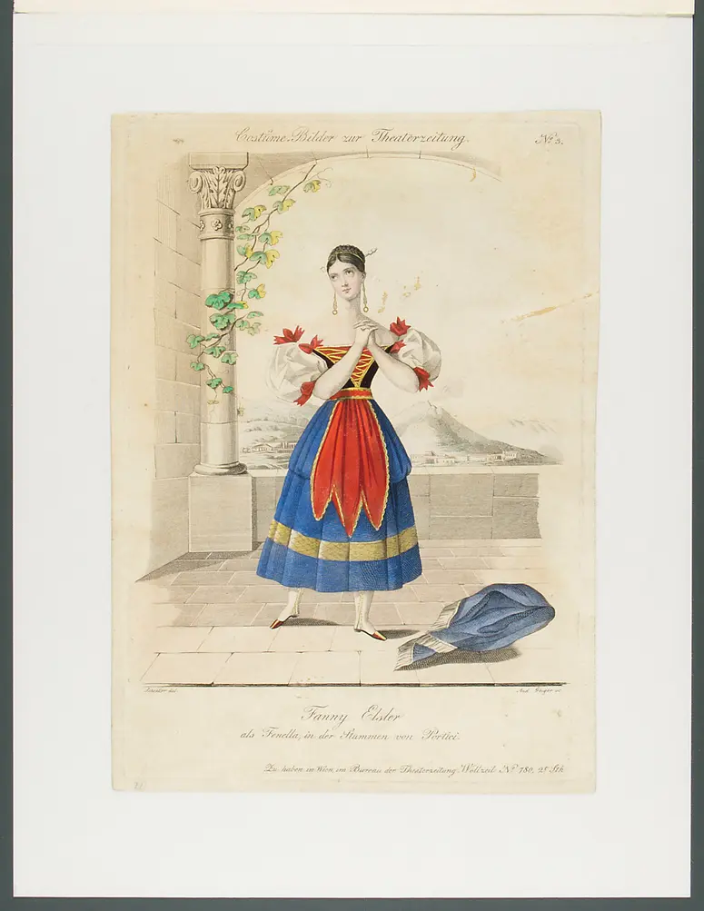Fanny Elßler, Titel in Vorlageform: Fanny Elssler als Fenella, in der Stummen von Portici, Titel der Serie: Costume-Bild, Name der Zeitschrift: Wiener Theaterzeitung, Verweis auf Stücktitel: Die Stumme von Portici