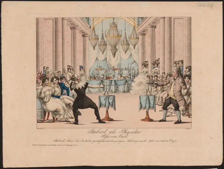 Staberl als Physiker, Titel der Serie: Gallerie interessanter und drolliger Scenen, Name der Zeitschrift: Wiener Theaterzeitung