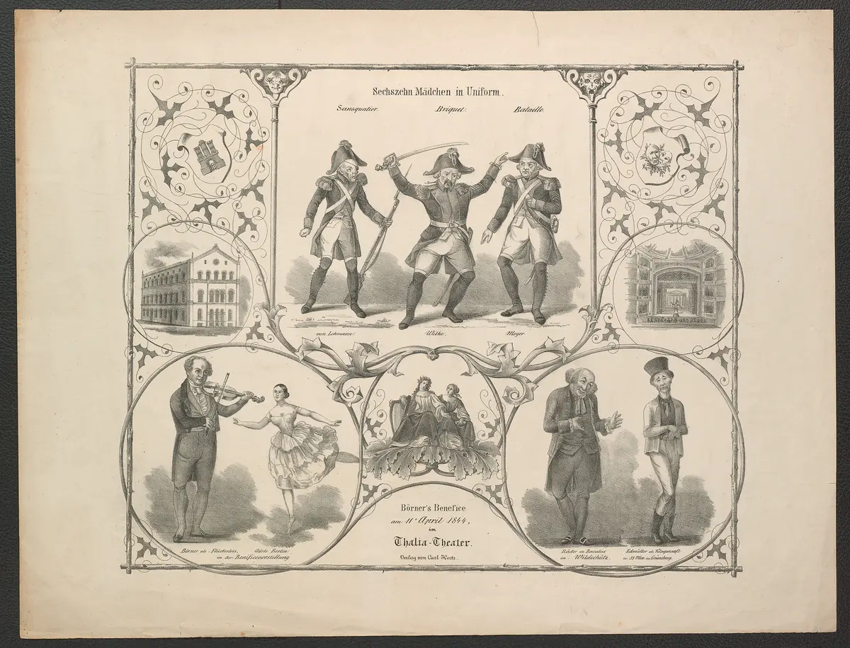 Hamburg, Thalia-Theater, Titel in Vorlageform: Börner's Benefice am 11. April 1844 im Thalia-Theater, Verweis auf Stücktitel: Sechszehn Mädchen in Uniform