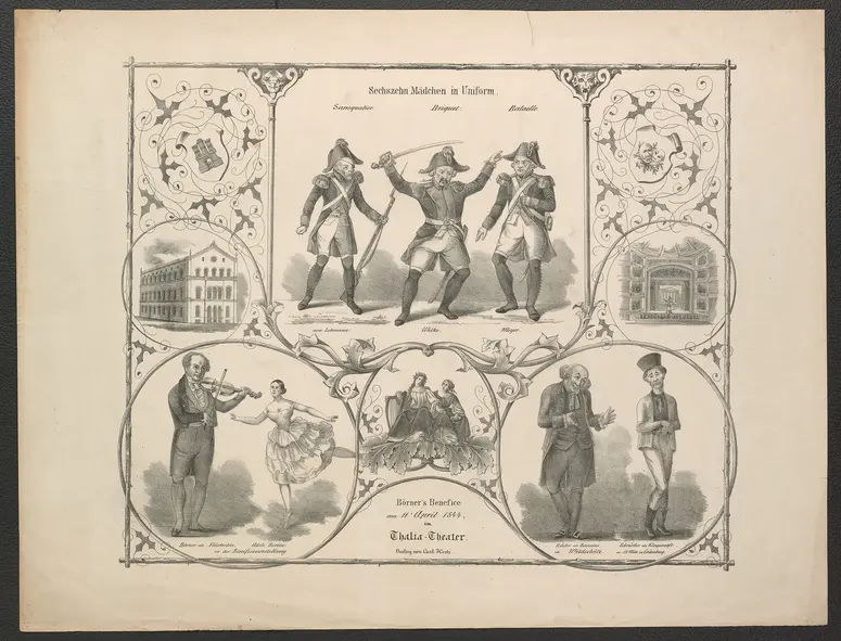 Hamburg, Thalia-Theater, Titel in Vorlageform: Börner's Benefice am 11. April 1844 im Thalia-Theater, Verweis auf Stücktitel: Sechszehn Mädchen in Uniform