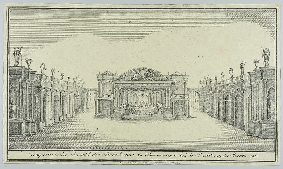 Oberammergau, Passionsspiele, Titel in Vorlageform: Perspectivische Ansicht der Schaubühne zu Oberammergau bey der Vorstellung des Passions. 1820